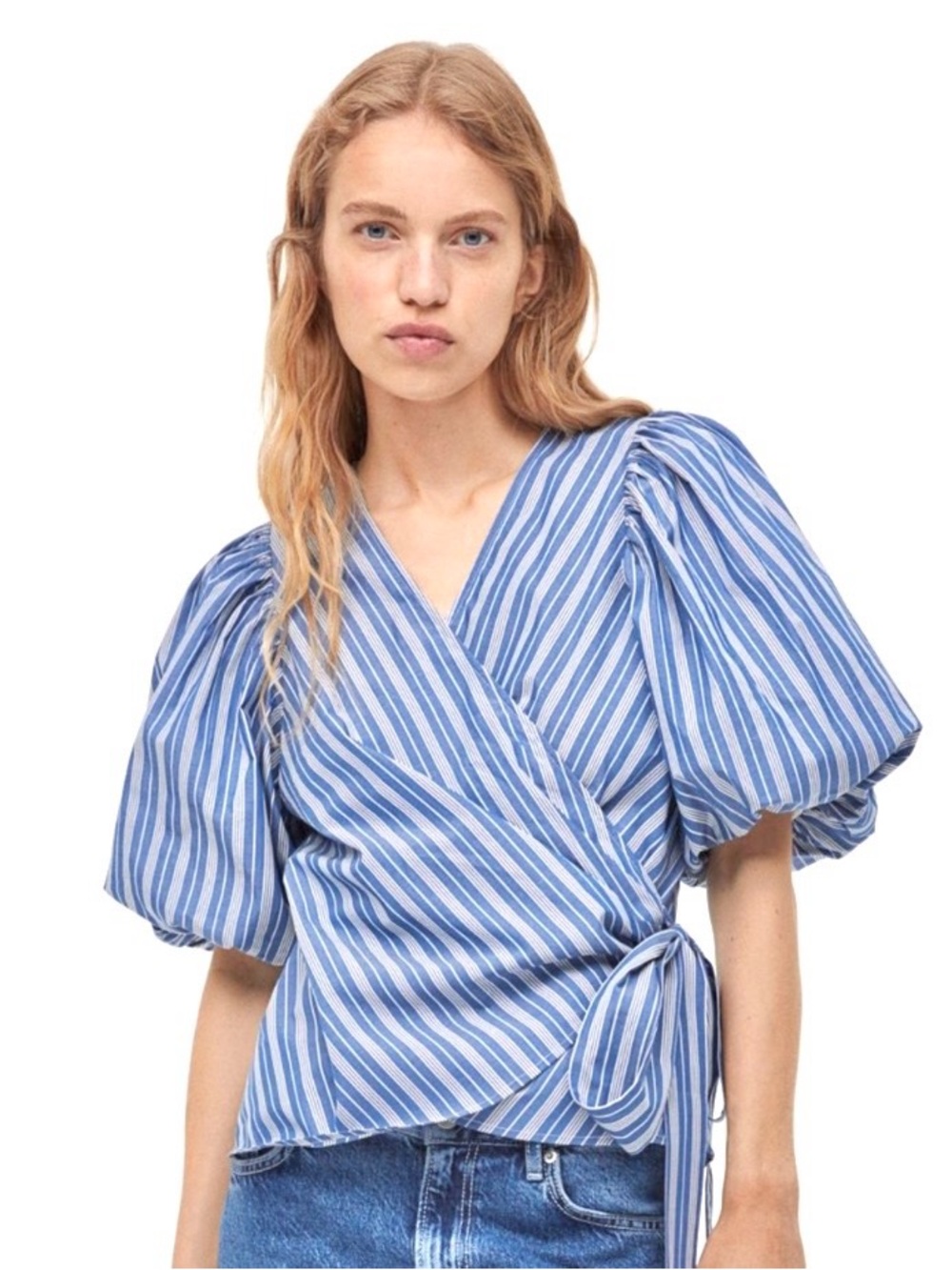 H&M blue striped wrap blouse